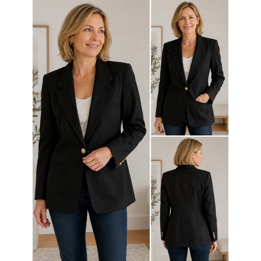 Talbots Petites Black Vintage Blazer Italian Fabric Gold Crest Button‎ 6P USA